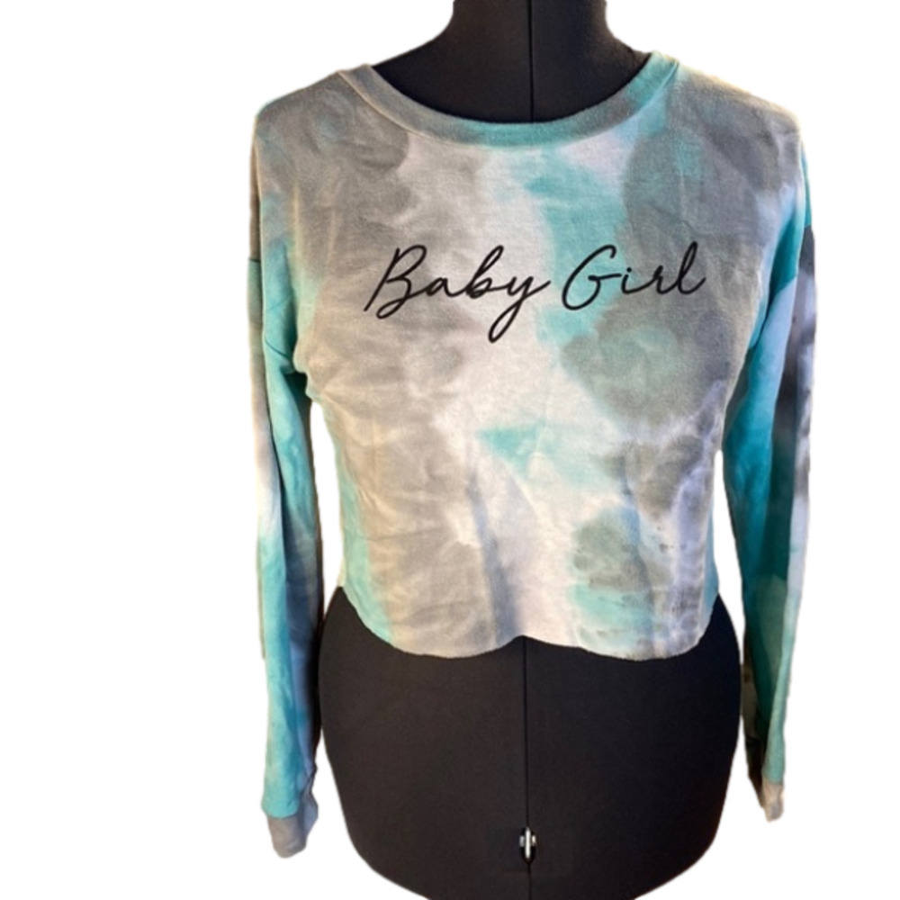 FASHION Nova Women’s Tie Dyed “Baby Girl “ Long Sleeve Cropped Top (Size Medium)